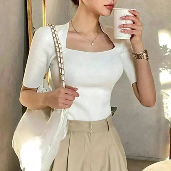 White Casual Women's Tight-Fitting Deformed Square Neck Knitted Top - Picture 2 of 10